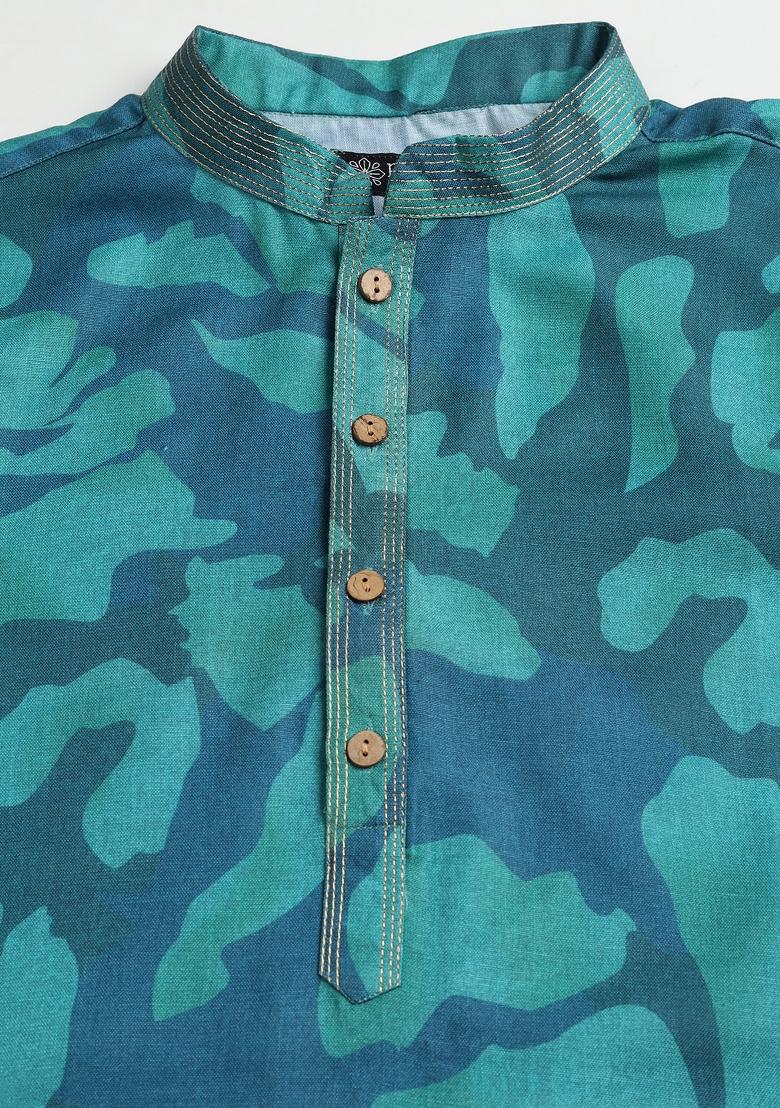 Green Embroidered Cotton Kurta Set For Men