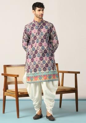 Purple Embroidered Cotton Kurta Set For Men