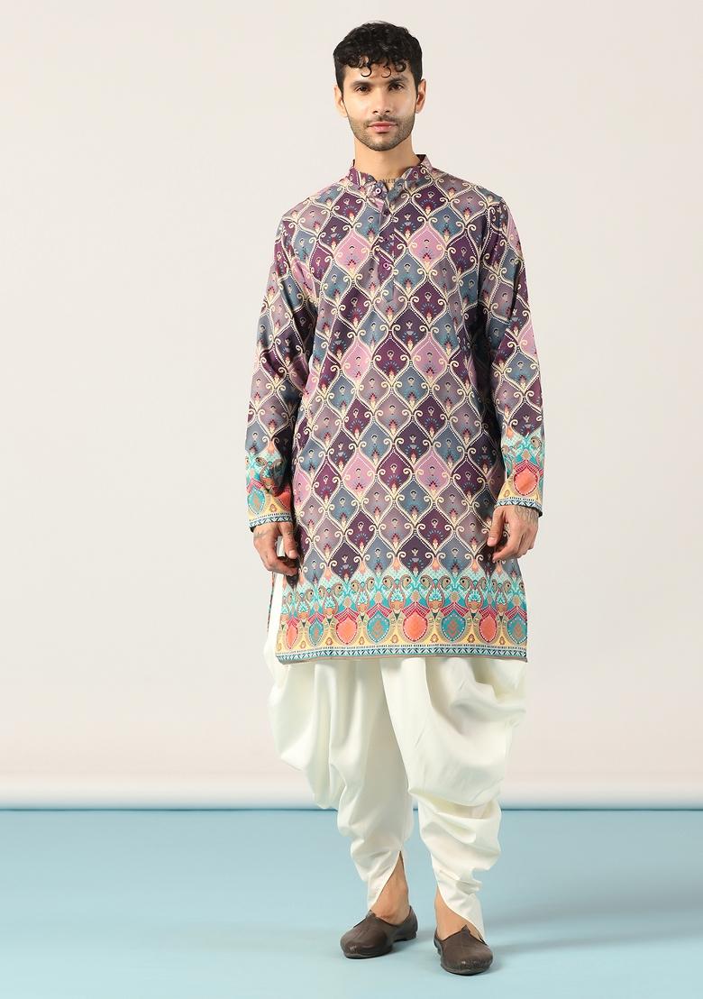 Purple Embroidered Cotton Kurta Set For Men