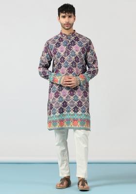 Purple Embroidered Cotton Kurta Set For Men