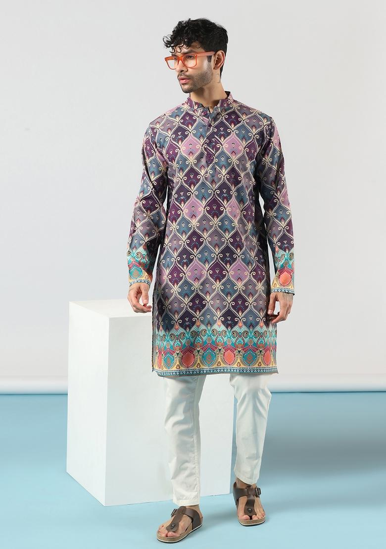 Purple Embroidered Cotton Kurta Set For Men