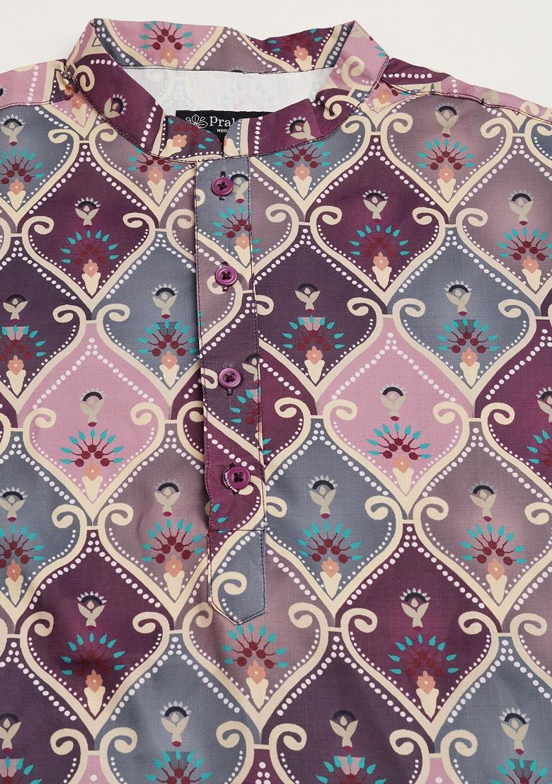 Purple Embroidered Cotton Kurta Set For Men