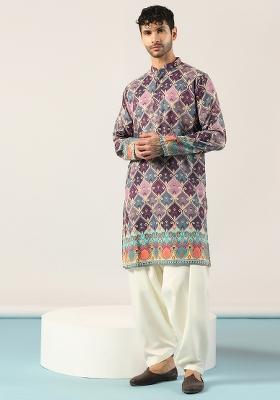 Purple Embroidered Cotton Kurta Set For Men