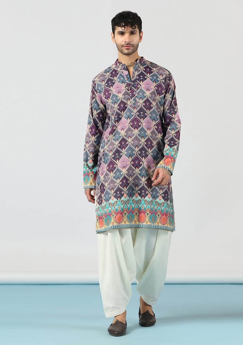 Purple Embroidered Cotton Kurta Set For Men