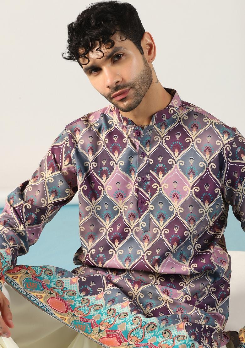Purple Embroidered Cotton Kurta Set For Men