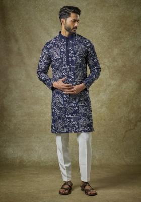 Blue Embroidered Silk Kurta Set For Men