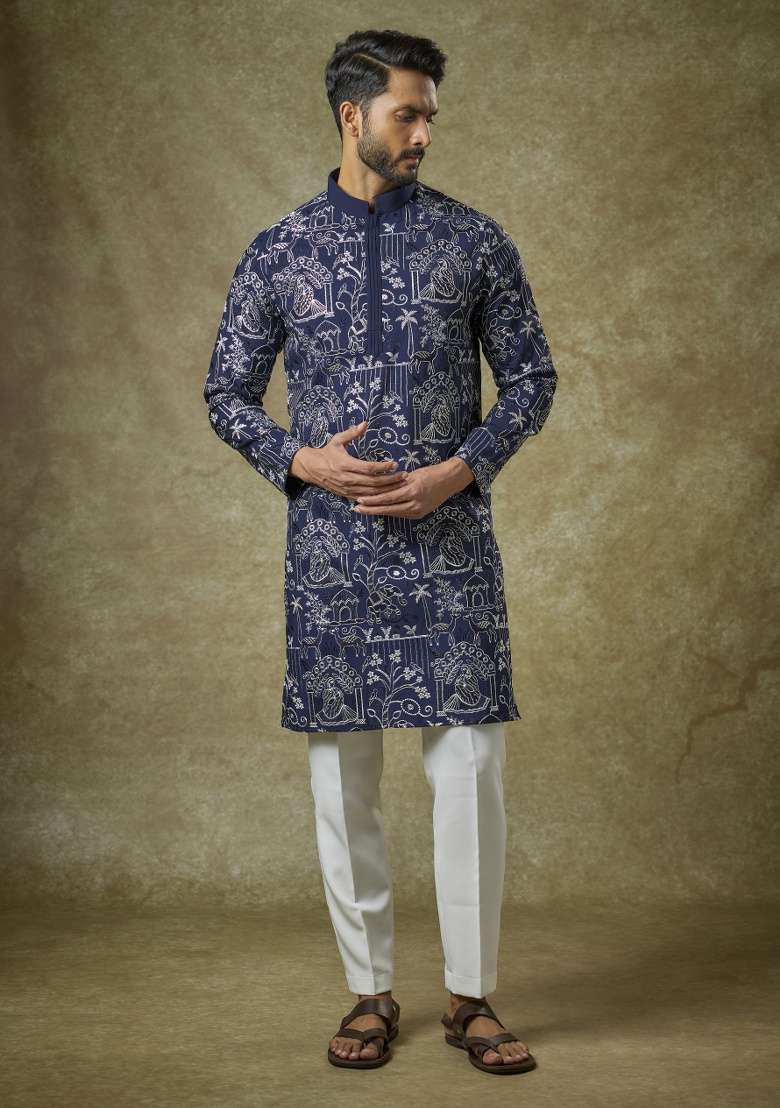 Blue Embroidered Silk Kurta Set For Men - Indya