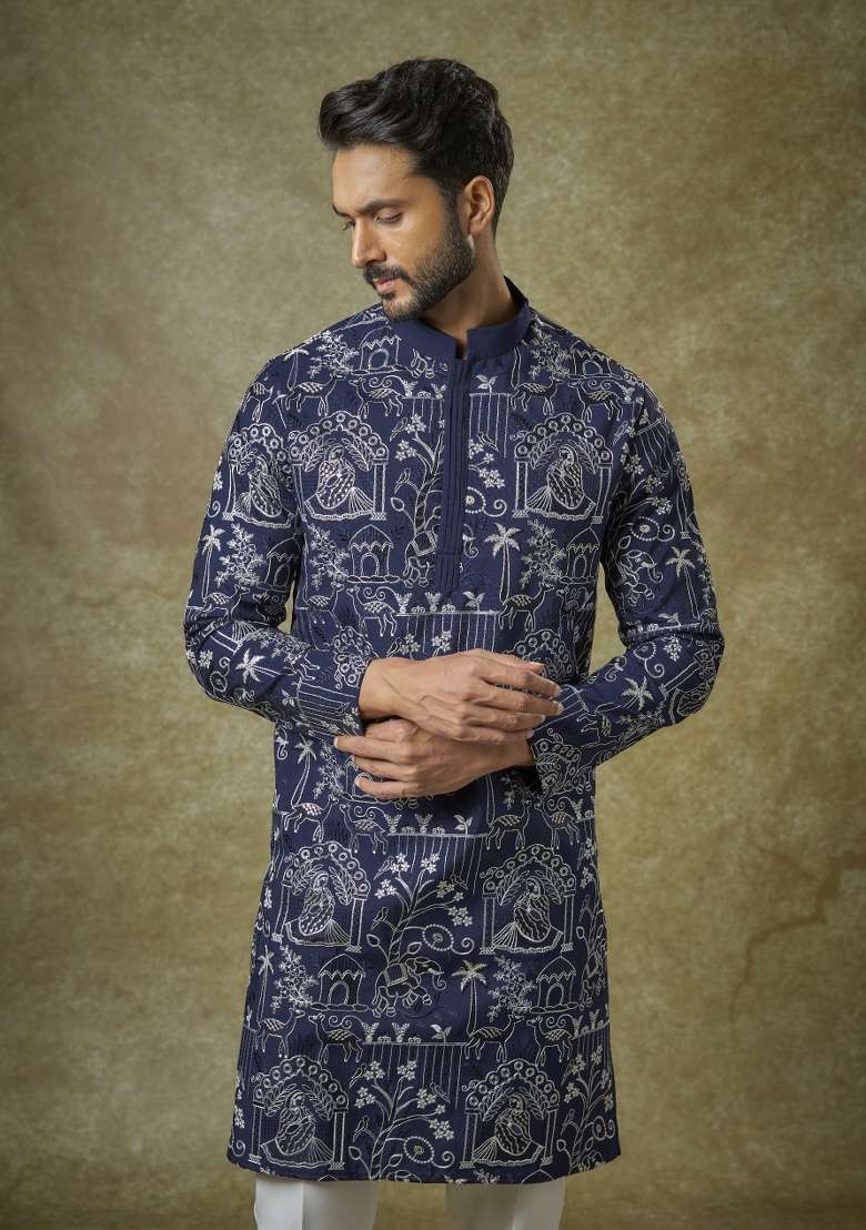 Blue Embroidered Silk Kurta Set For Men - Indya