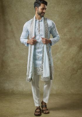 Blue Mirror Work Silk Kurta Set For Men