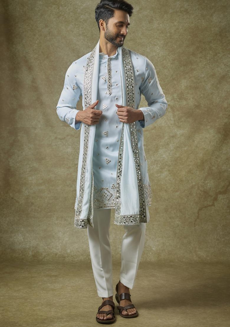 Blue Mirror Work Silk Kurta Set For Men