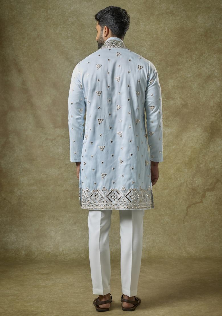 Blue Mirror Work Silk Kurta Set For Men