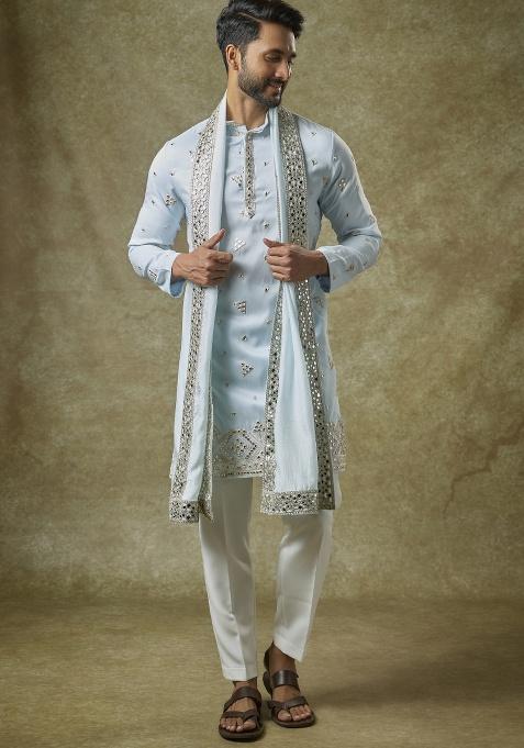 Blue Mirror Work Silk Kurta Set For Men