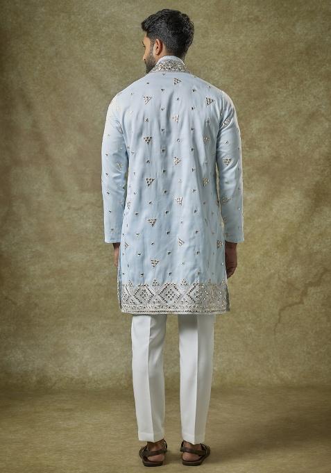 Blue Mirror Work Silk Kurta Set For Men