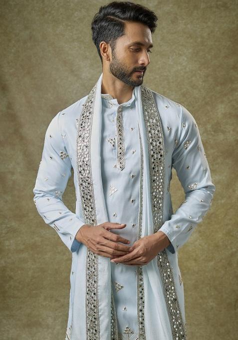Blue Mirror Work Silk Kurta Set For Men
