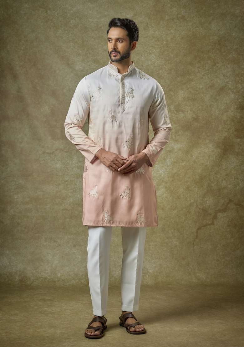 Multi Color Patch Work Silk Kurta Set For Men - Indya