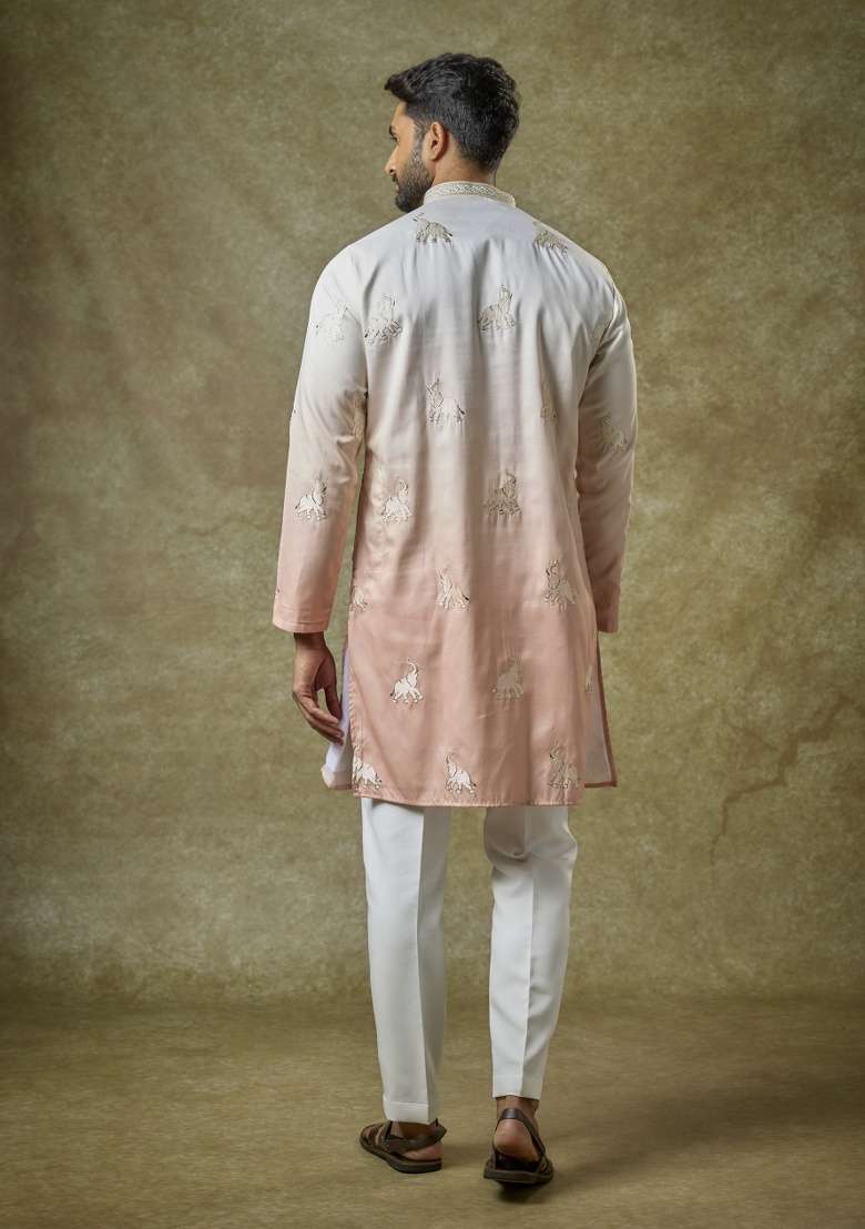 Multi Color Patch Work Silk Kurta Set For Men - Indya
