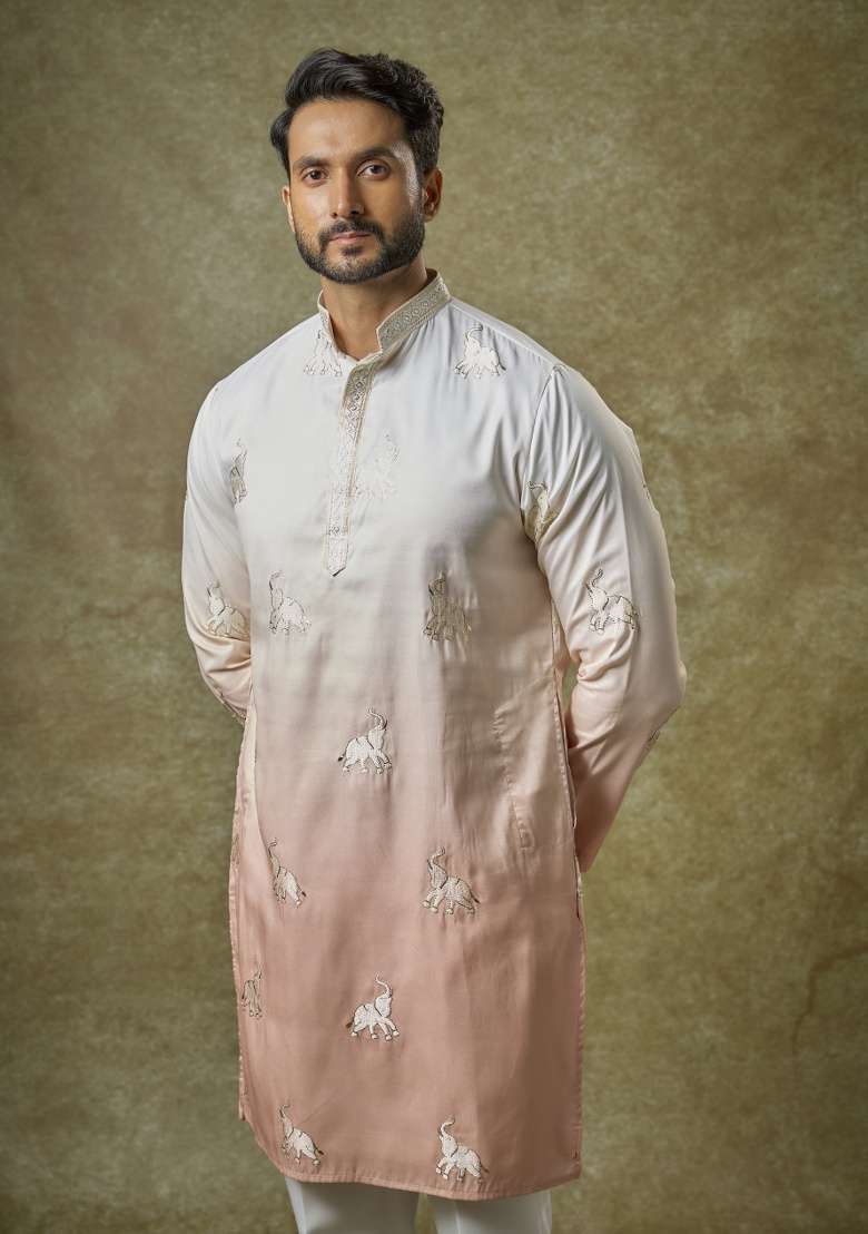 Multi Color Patch Work Silk Kurta Set For Men - Indya
