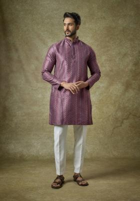 Purple Embroidered Silk Kurta Set For Men