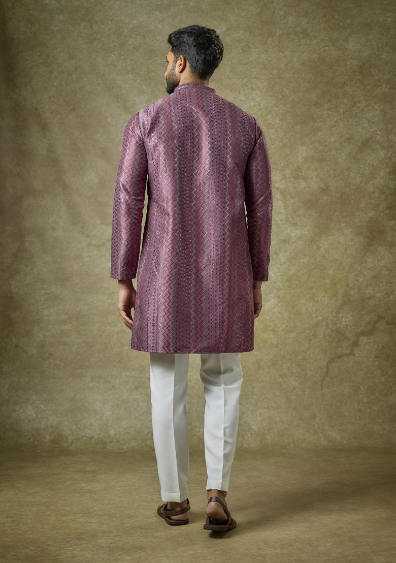 Purple Embroidered Silk Kurta Set For Men