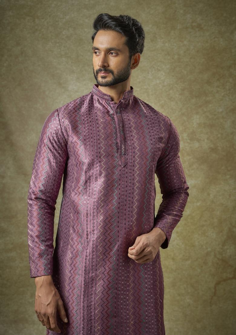 Purple Embroidered Silk Kurta Set For Men