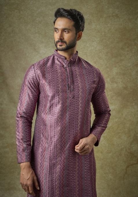Purple Embroidered Silk Kurta Set For Men