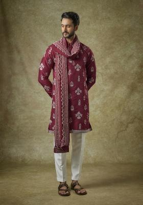 Red Zari Silk Kurta Set For Men