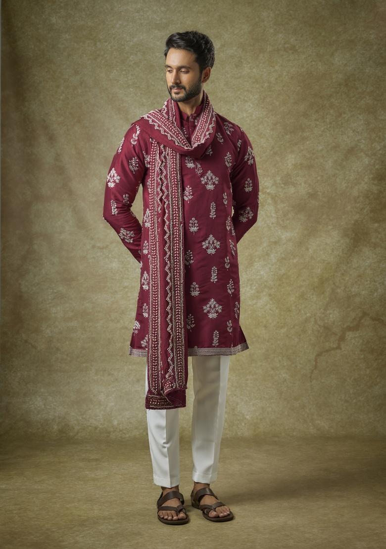 Red Zari Silk Kurta Set For Men