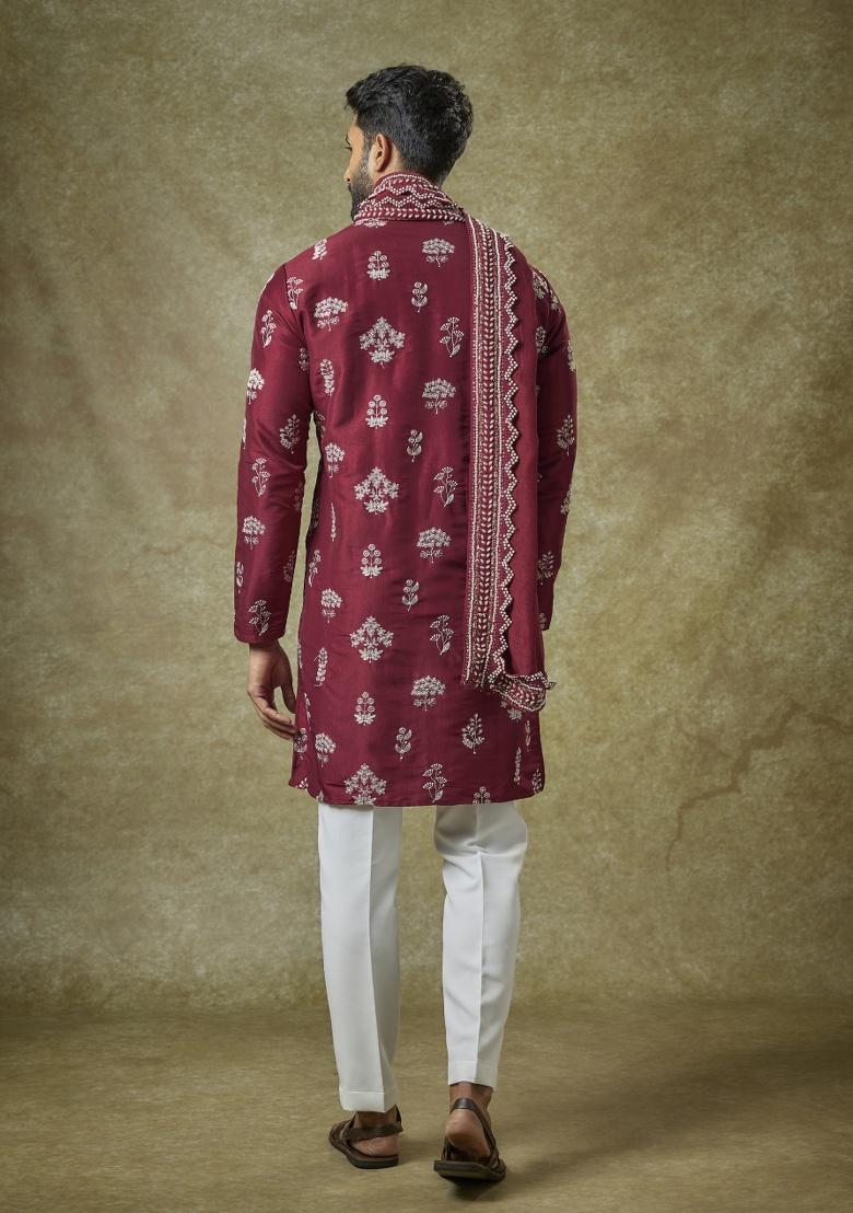 Red Zari Silk Kurta Set For Men
