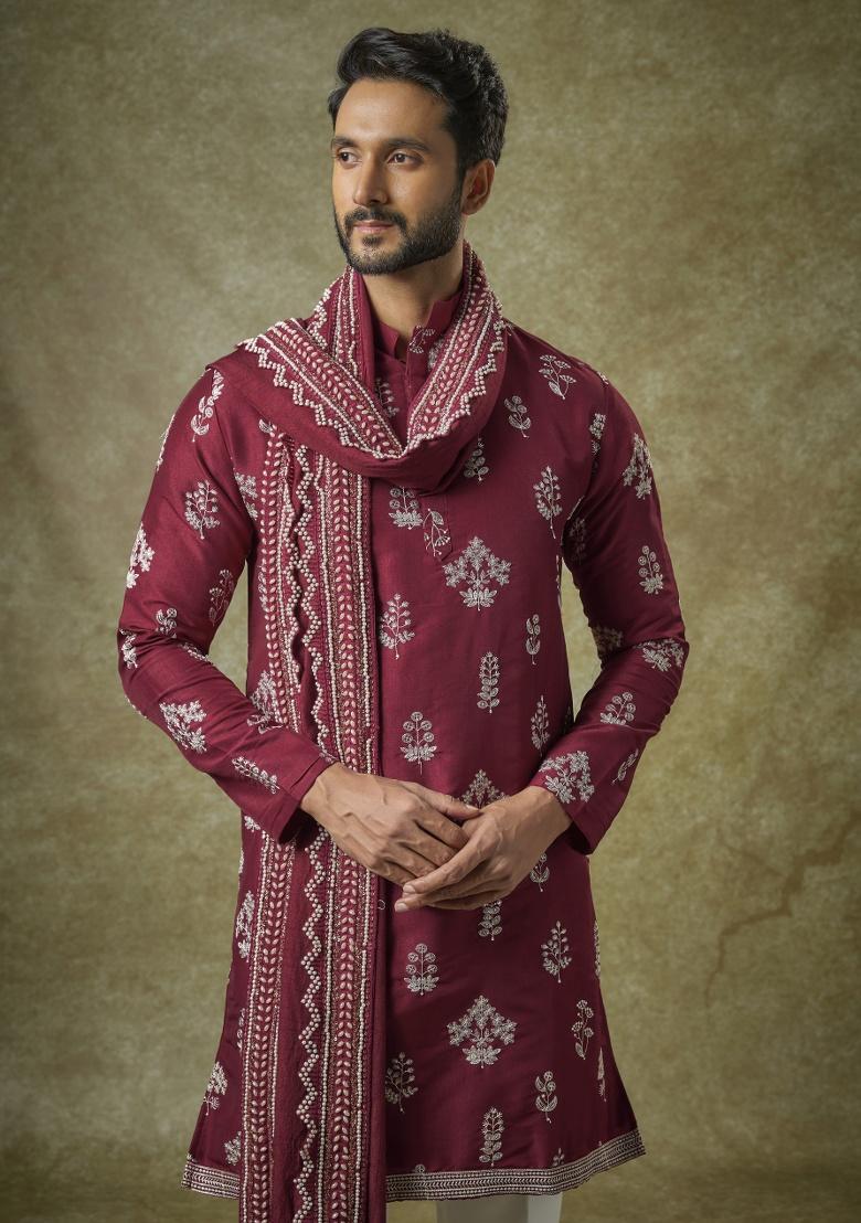 Red Zari Silk Kurta Set For Men
