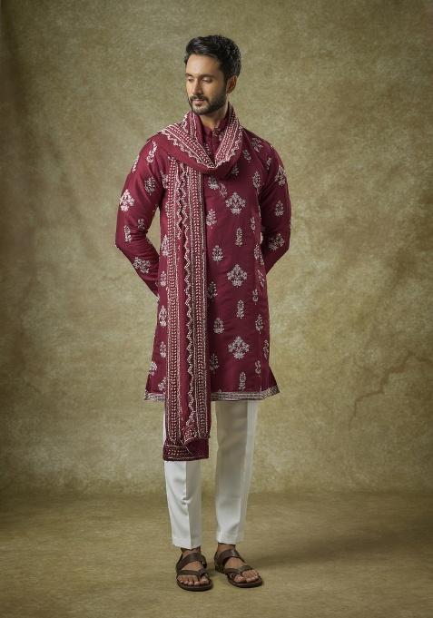 Red Zari Silk Kurta Set For Men