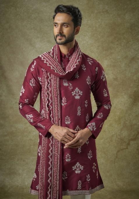 Red Zari Silk Kurta Set For Men