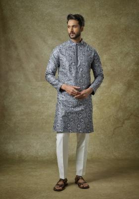 Blue Embroidered Silk Kurta Set For Men