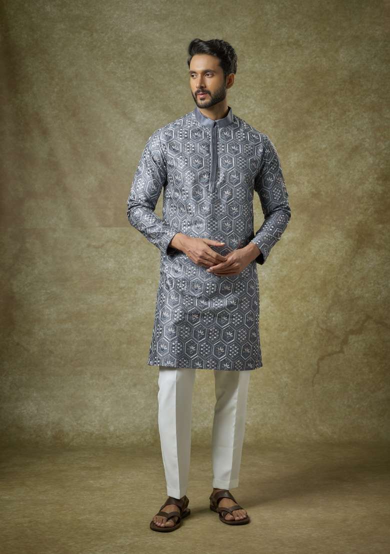 Blue Embroidered Silk Kurta Set For Men - Indya