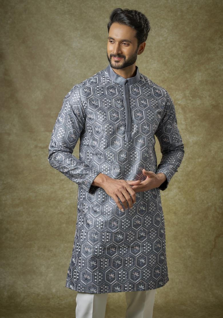 Blue Embroidered Silk Kurta Set For Men - Indya