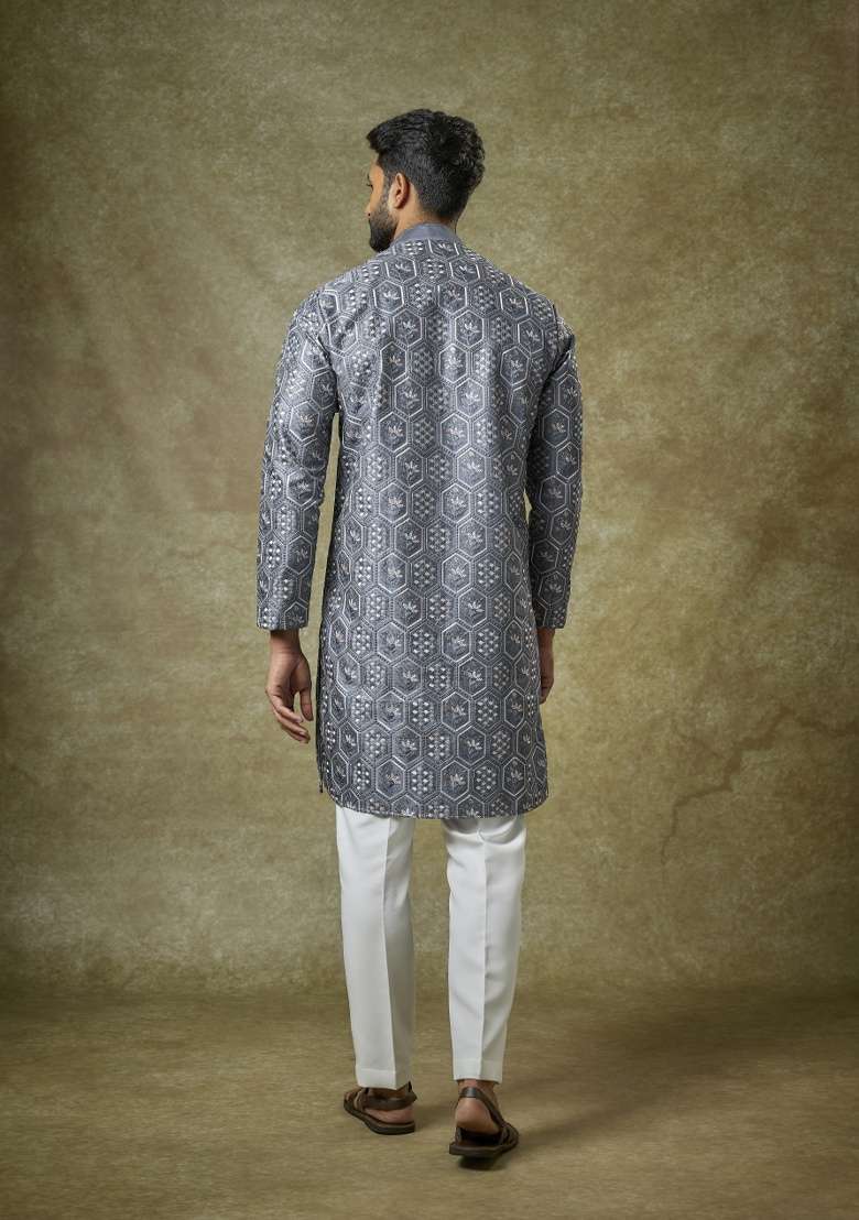 Blue Embroidered Silk Kurta Set For Men - Indya