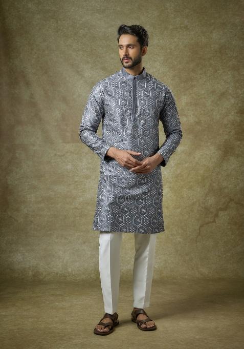 Blue Embroidered Silk Kurta Set For Men
