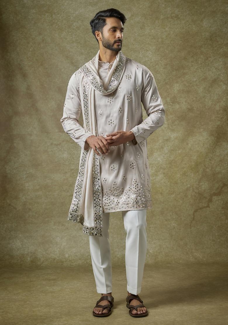 Grey Mirror Work Silk Kurta Set For Men