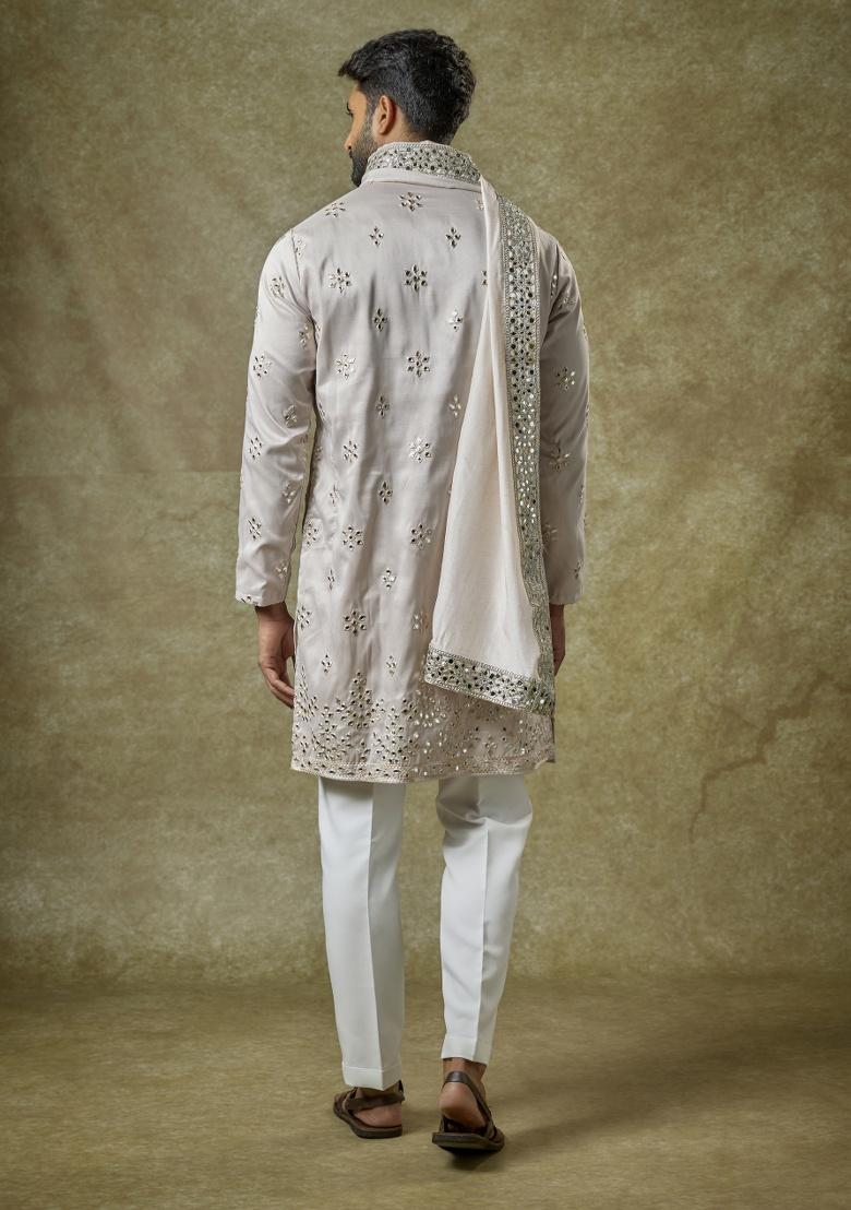 Grey Mirror Work Silk Kurta Set For Men