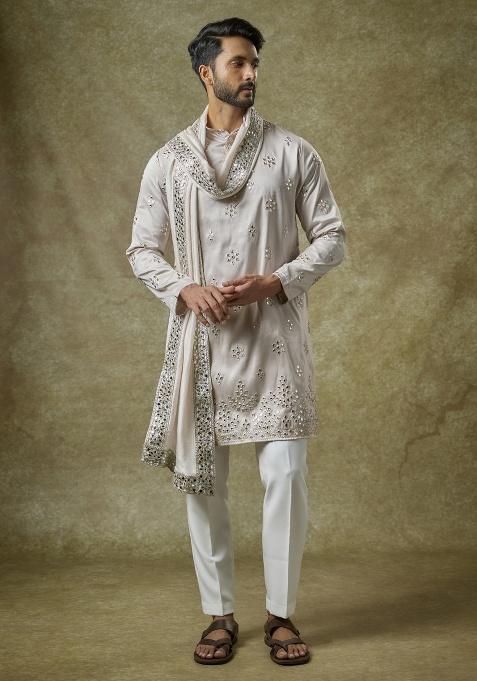 Grey Mirror Work Silk Kurta Set For Men