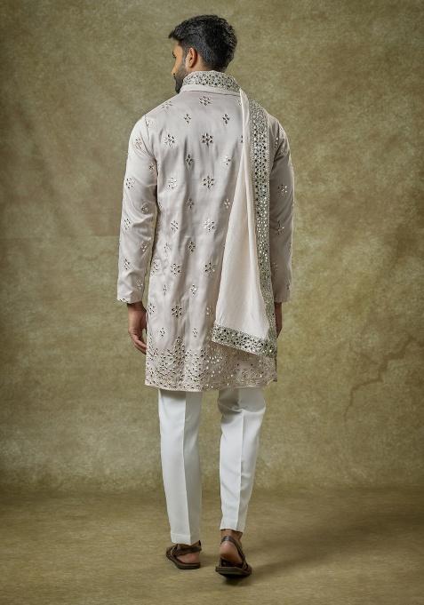 Grey Mirror Work Silk Kurta Set For Men