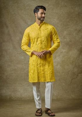 Yellow Embroidered Silk Kurta Set For Men