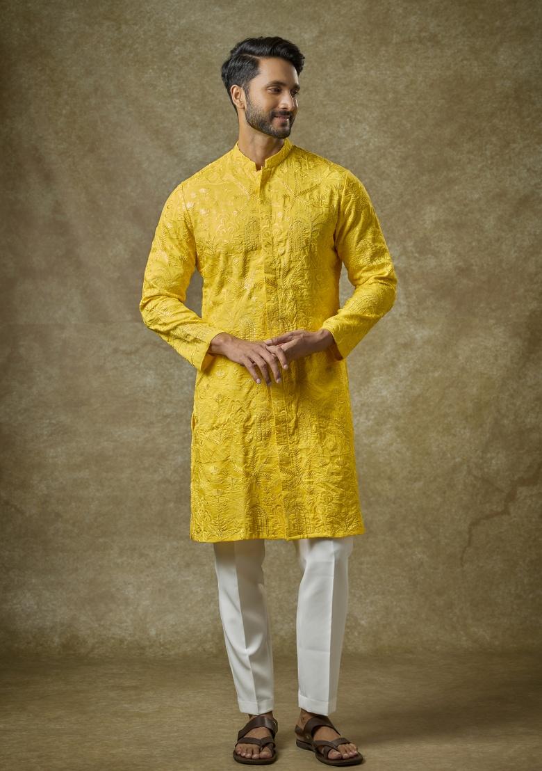 Yellow Embroidered Silk Kurta Set For Men