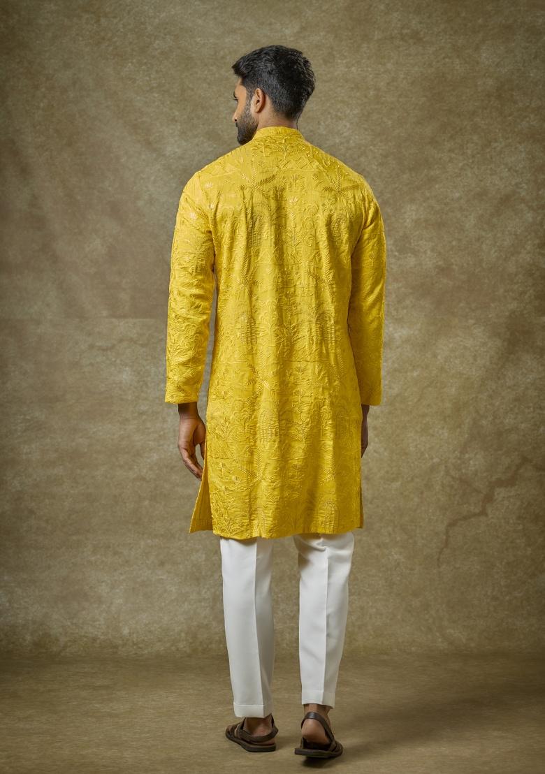 Yellow Embroidered Silk Kurta Set For Men