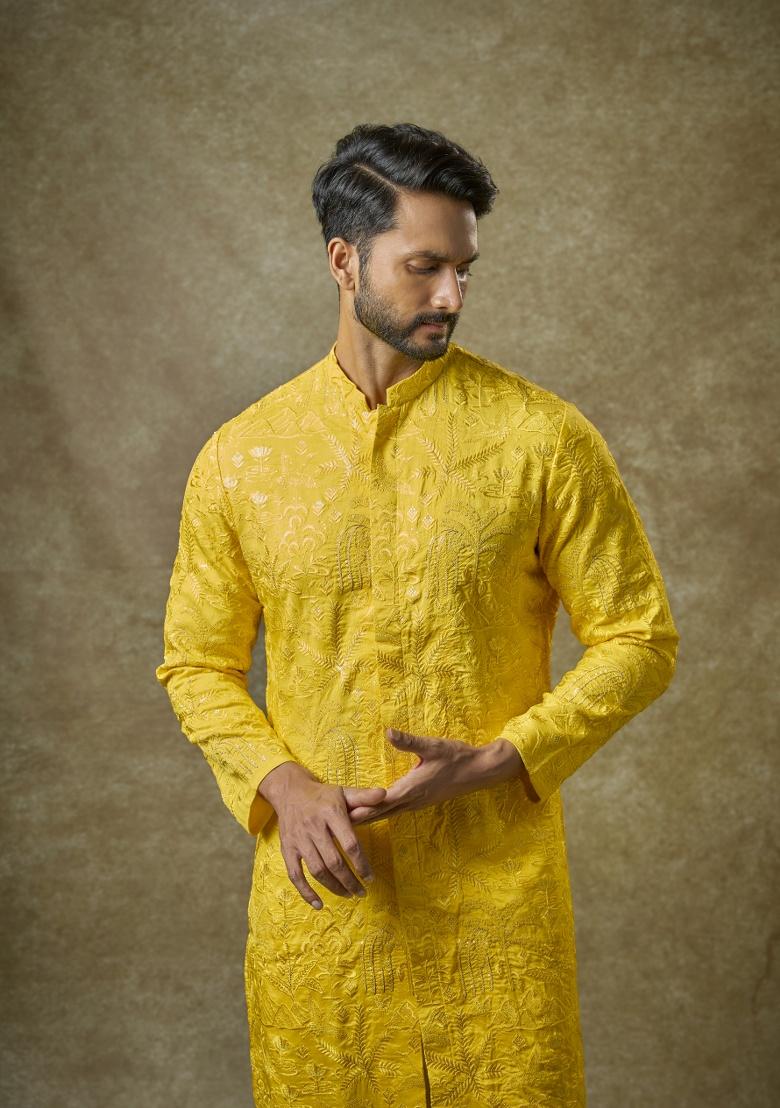 Yellow Embroidered Silk Kurta Set For Men