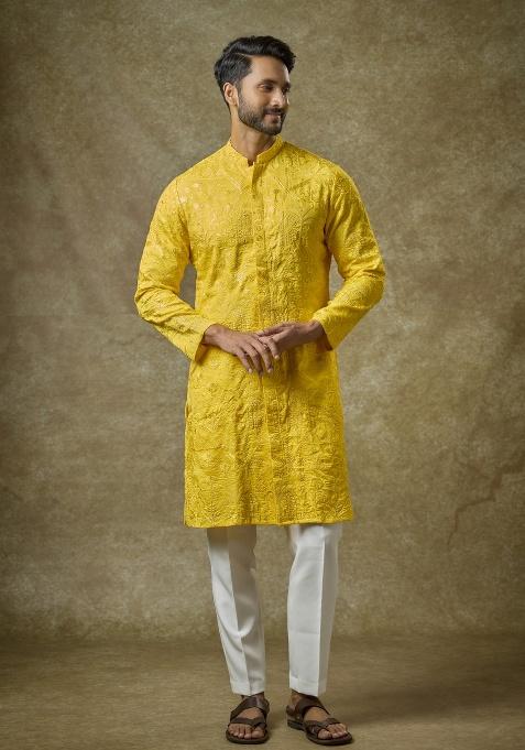 Yellow Embroidered Silk Kurta Set For Men