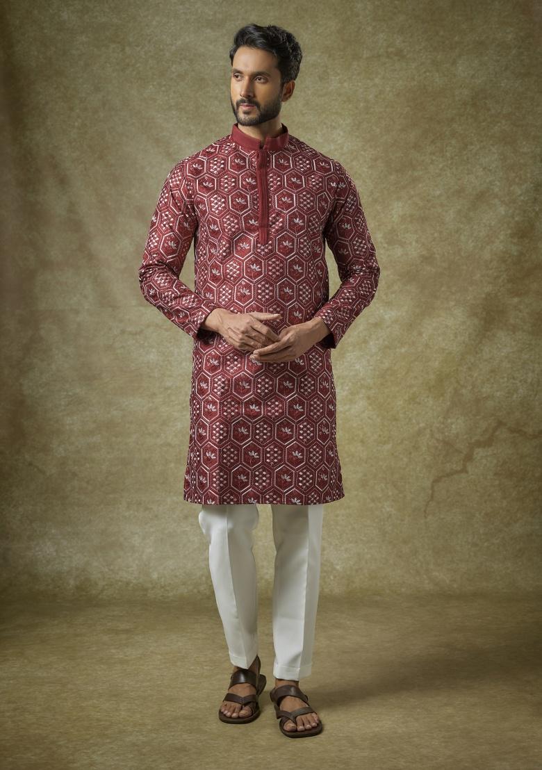 Red Embroidered Silk Kurta Set For Men