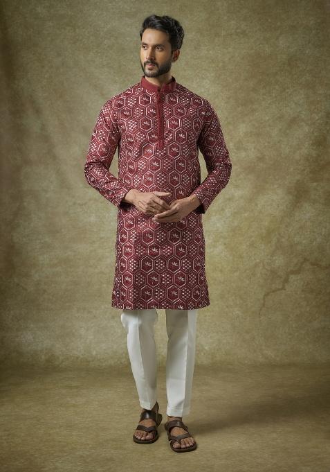 Red Embroidered Silk Kurta Set For Men