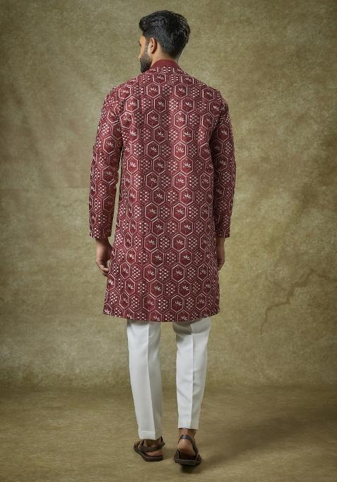 Red Embroidered Silk Kurta Set For Men