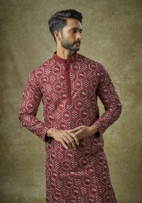 Red Embroidered Silk Kurta Set For Men