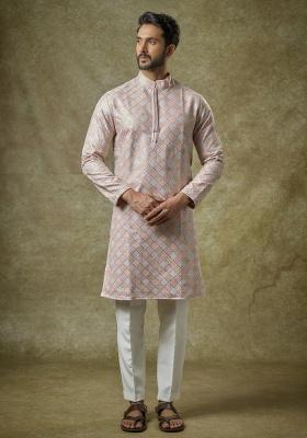 Pink Embroidered Silk Kurta Set For Men
